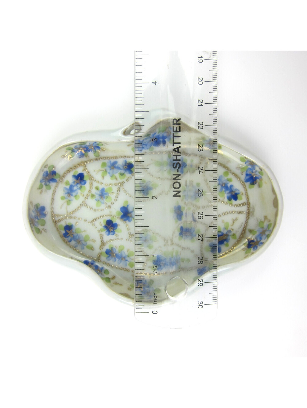 Antique Porcelain Dish Hand Painted Blue Flowers Green Gold Accents Japan Mikado - Picture 11 of 13